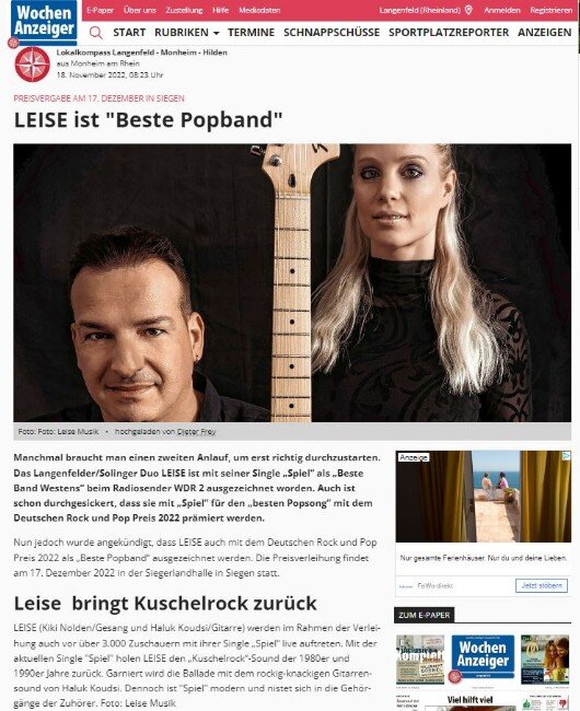 LEISE auf Erfolgsspur. Das Duo wird mit dem Deutschen Rock und Pop Preis ausgezeichnet.