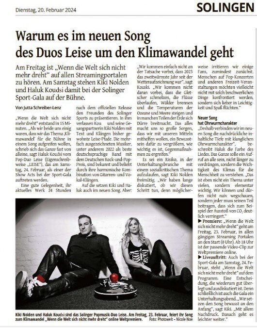 Ein Bericht über die neue LEISE Single "Wenn die Welt sich nicht mehr dreht" im Solinger Tageblatt.
