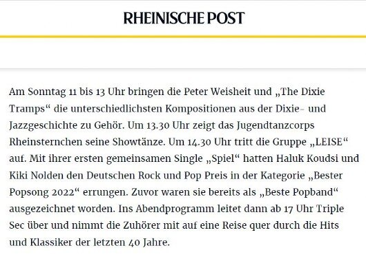 Die Rheinische Post berichtet über LEISE vor dem Auftritt auf dem ZNS Fest in Langenfeld. 