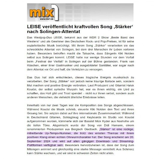 Einer der wichtigsten Chart Magazine Deutschenlands berichtet über die LEISE Single "Stärker".